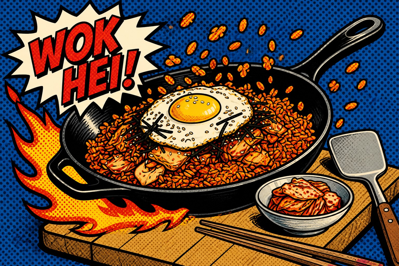 Kimchi fried rice in a wok